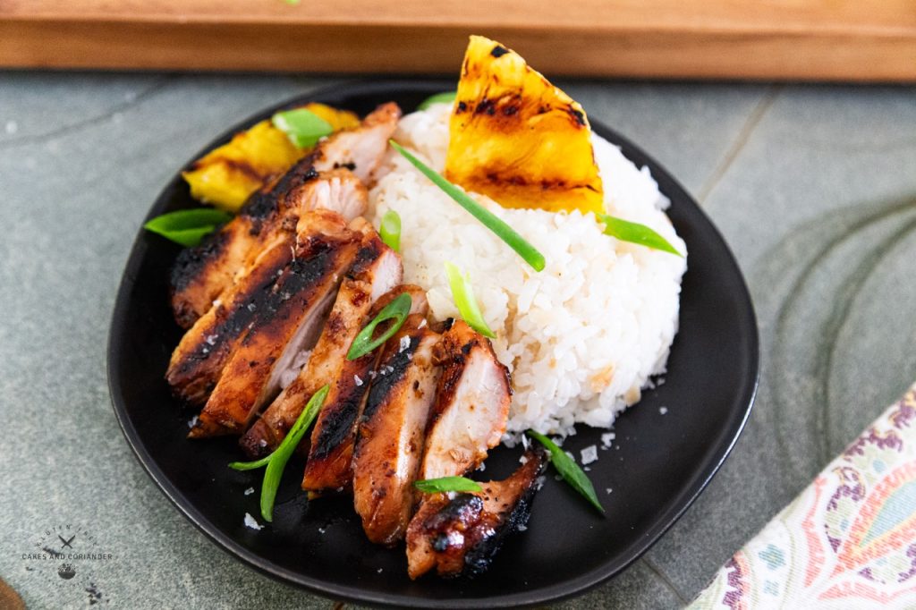 Plate of huli huli with toasted coconut chicken