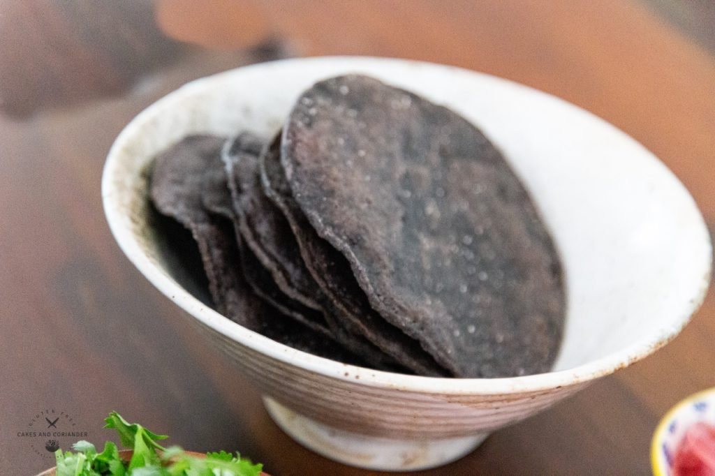 Fried Blue corn tortillas from Pinole Blue