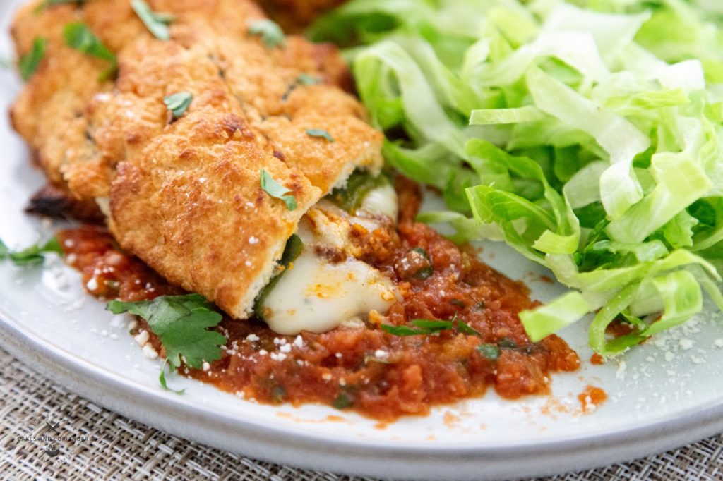 Amazing Crispy Battered Air Fryer Chile Rellenos- Gluten Free cut open cheese oozing