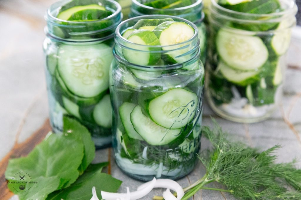 Pickle recipe mason jars filled with cucumbers, onions, and spices
