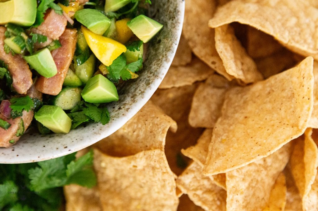 Close up of Tropical Mango Ceviche recipe with tortilla chips