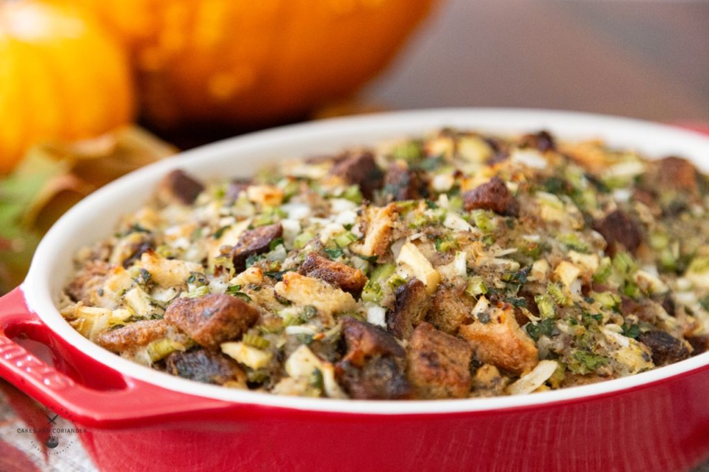 Gluten free stuffing in red dish