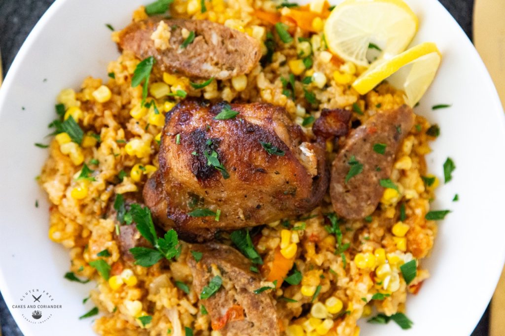 Easy Traditional Spanish Chicken and Andouille Sausage Paella Valencia Rice close up