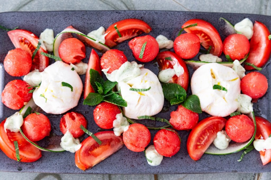 Overhead of watermelon and burrata caprese salad
